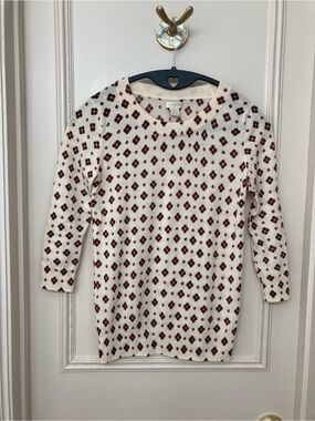 J. Crew Cream Crewneck Sweater with Burgundy Diamond Motif
